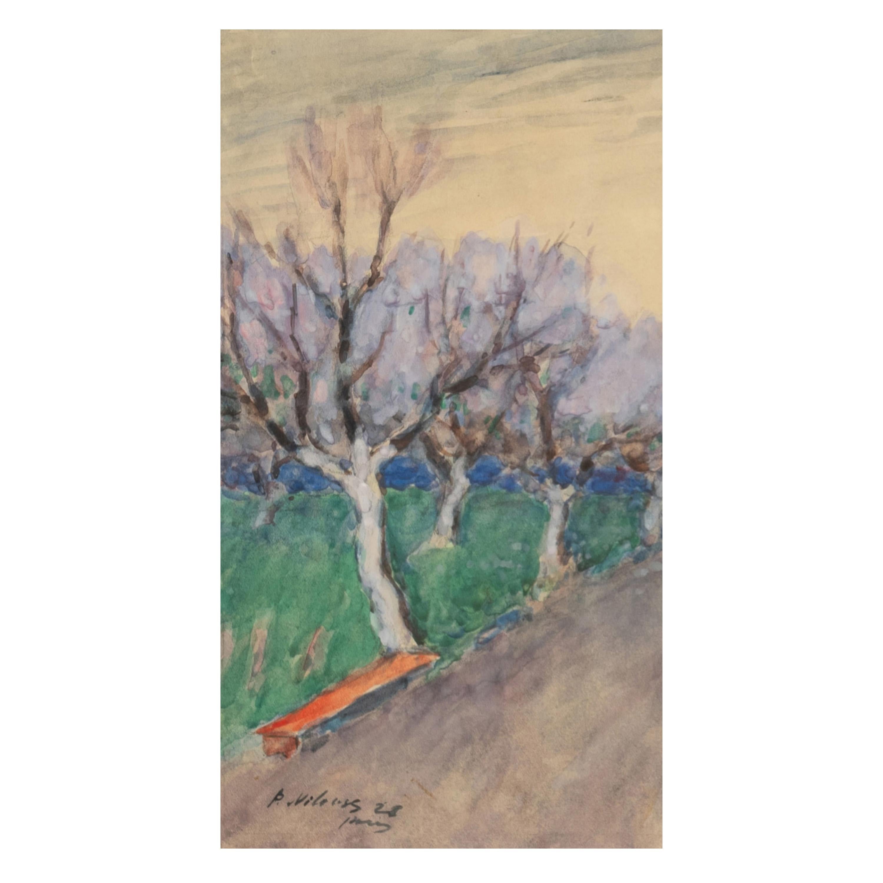 Antique French Impressionist Watercolor Gouache Landscape Painting (Pittura di paesaggio) in vendita 1