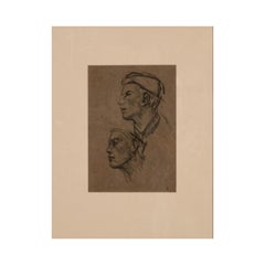 Antique English Impressionist Charcoal Pencil Drawing Portrait Study Two Heads