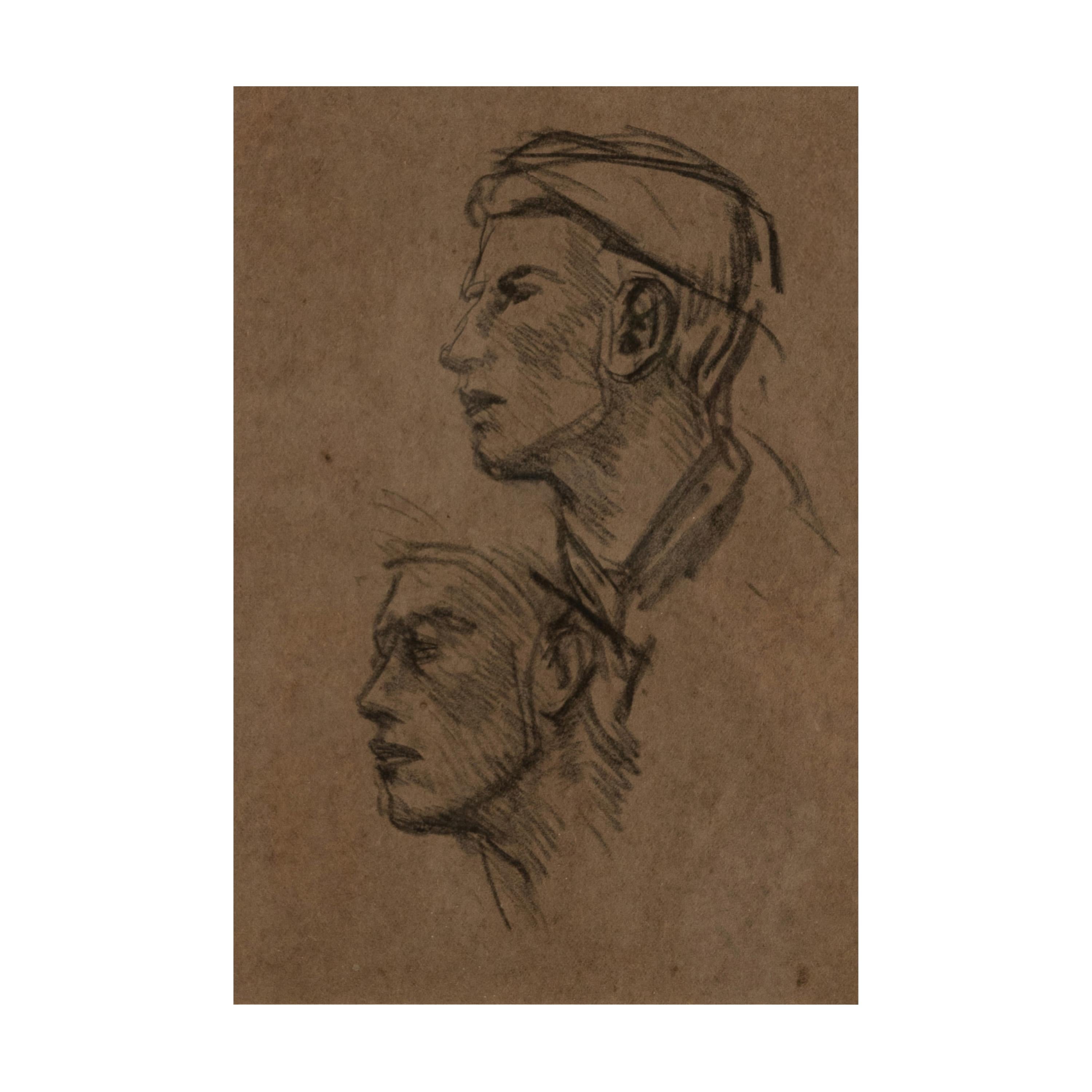 Antique English Impressionist Charcoal Pencil Drawing Portrait Study Two Heads - Beige Figurative Art by Sir George Clausen