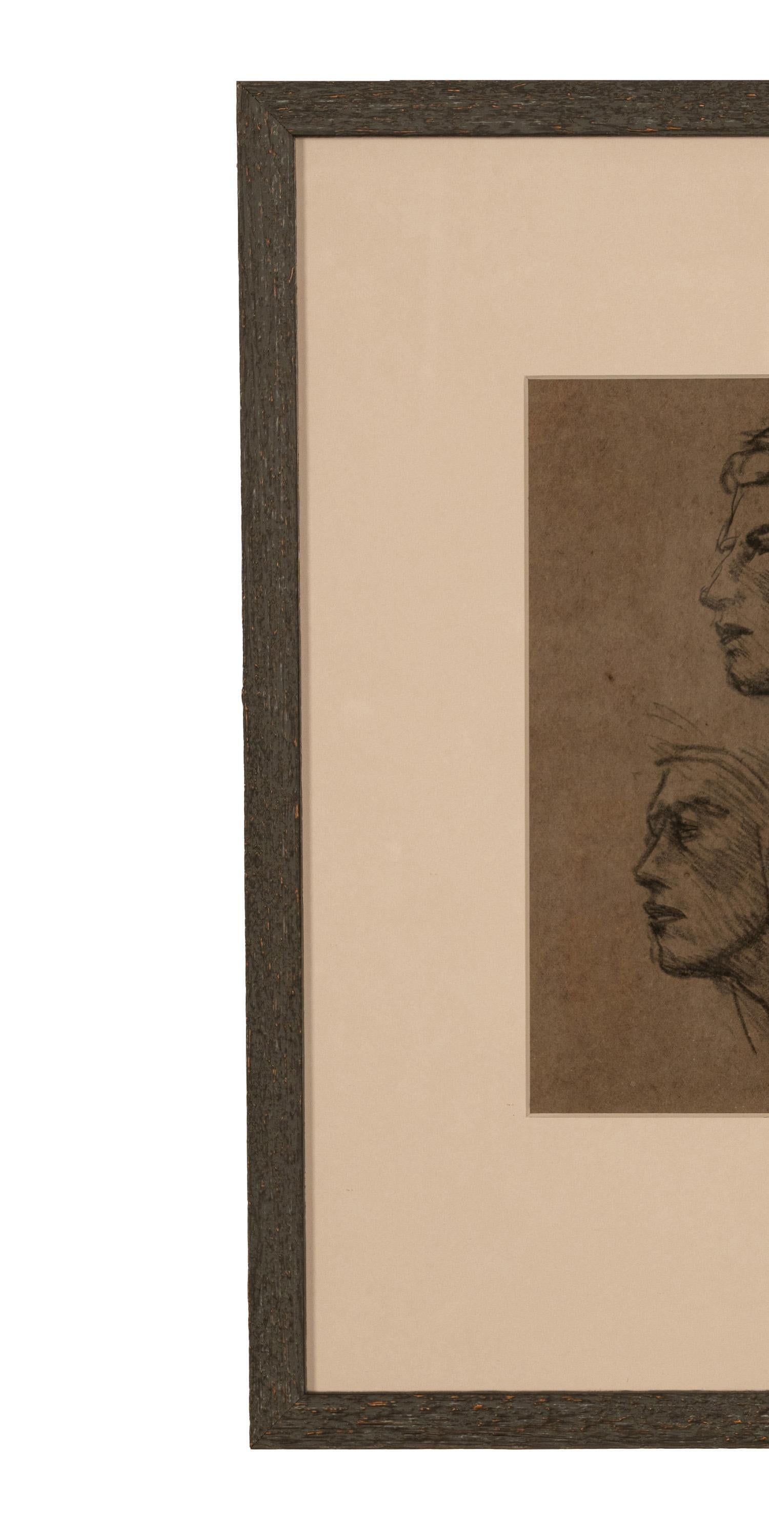A very good English Impressionist charcoal and pencil drawing of two male heads, by the celebrated British artist Sir George Clausen R.A. (1852-1944), the drawing circa 1905.
Clausen was a very well respected British artist based in London in the