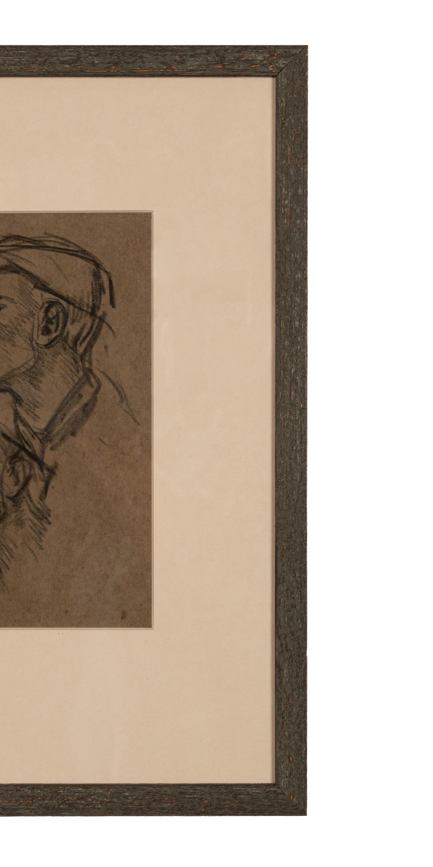 Antique English Impressionist Charcoal Pencil Drawing Portrait Study Two Heads For Sale 1