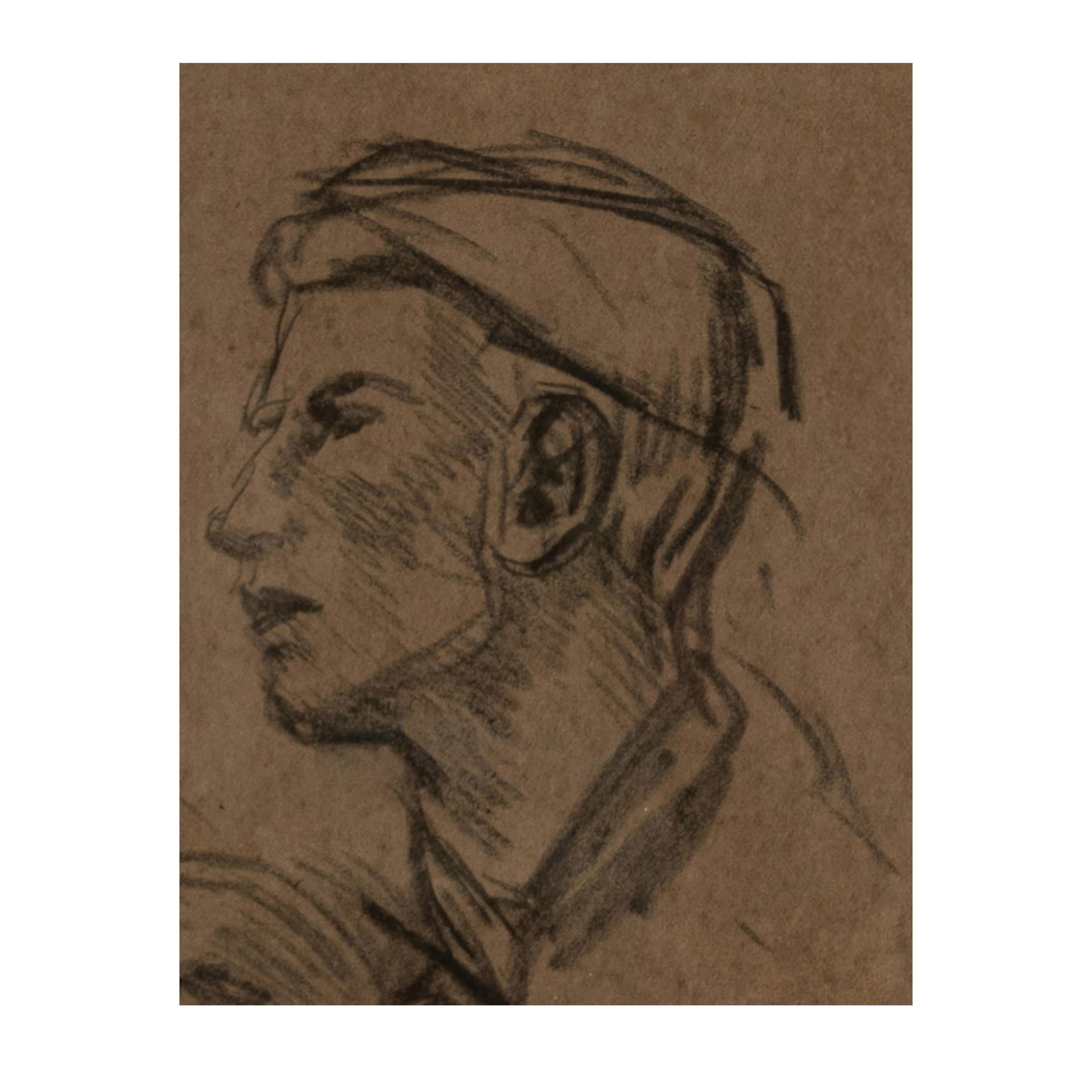 Antique English Impressionist Charcoal Pencil Drawing Portrait Study Two Heads For Sale 2