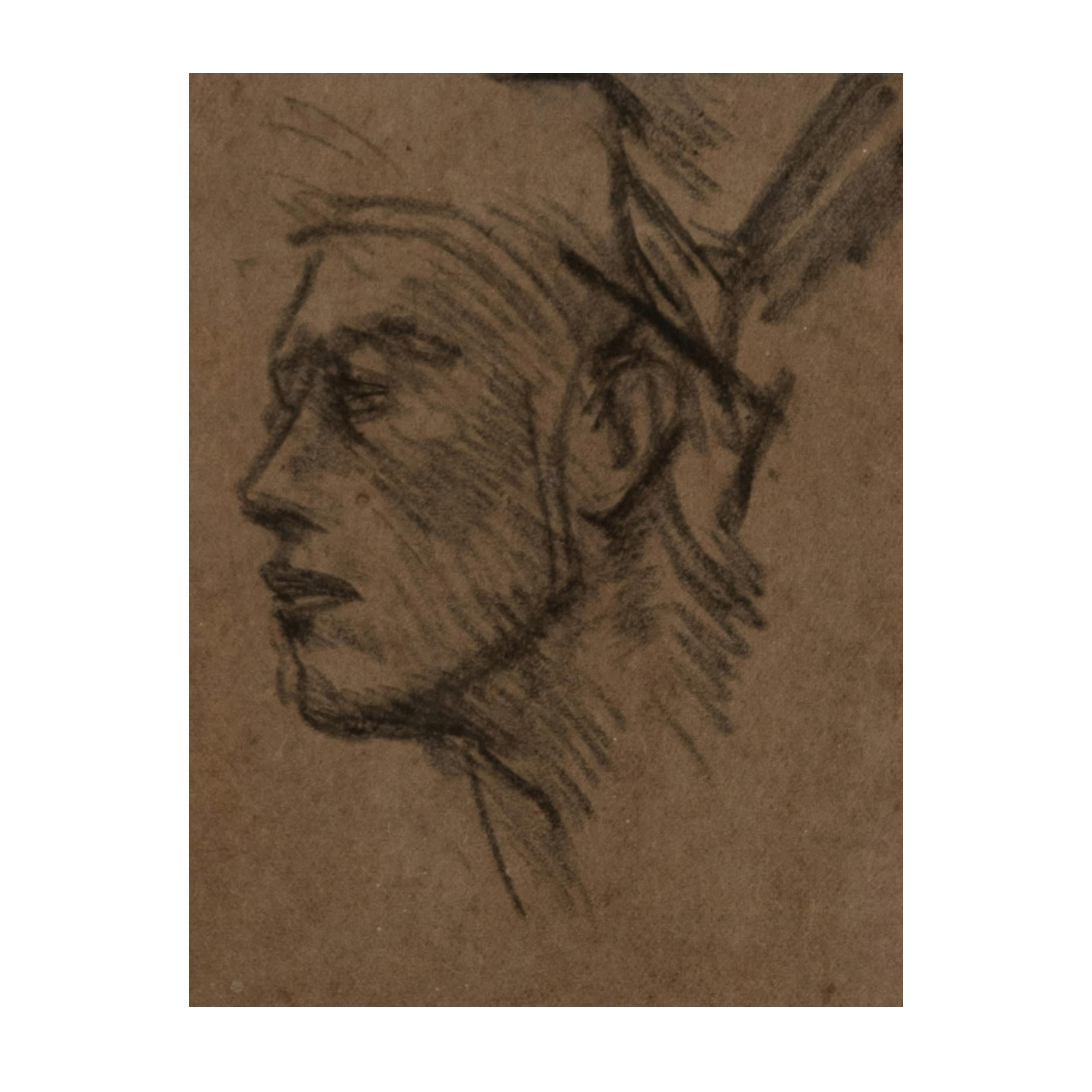 Antique English Impressionist Charcoal Pencil Drawing Portrait Study Two Heads For Sale 3