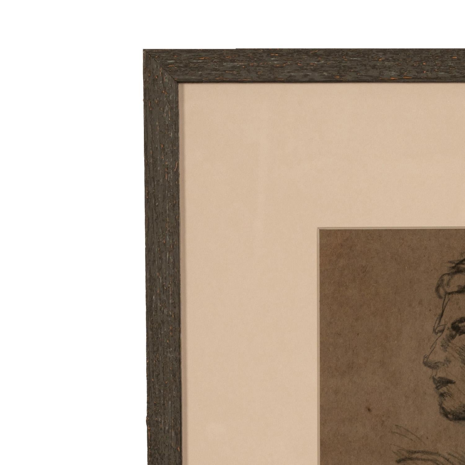 Antique English Impressionist Charcoal Pencil Drawing Portrait Study Two Heads For Sale 4