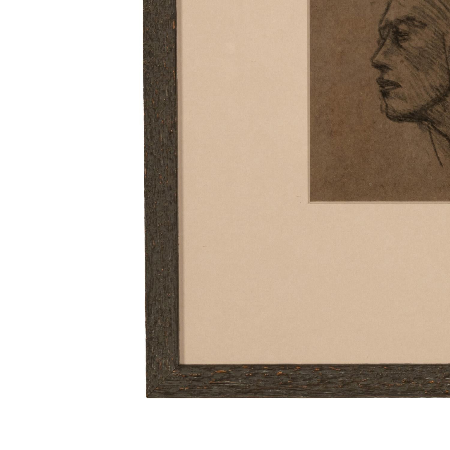 Antique English Impressionist Charcoal Pencil Drawing Portrait Study Two Heads For Sale 6