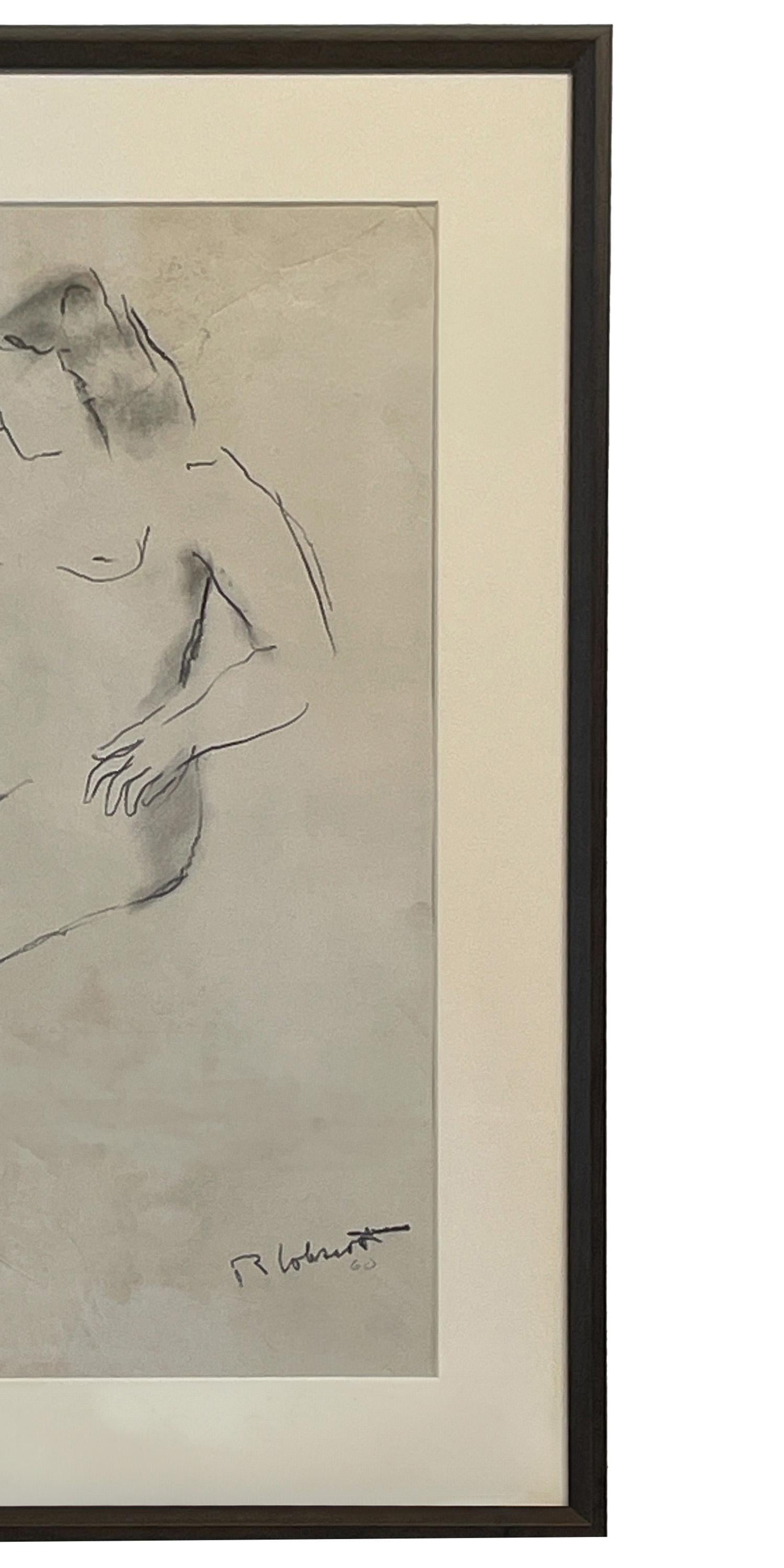 Un dessin de jeunesse d'un nu féminin du célèbre artiste afro-américain Robert Colescott (1925-2009), exposé à la Smith Tower Gallery, Seattle en 1960, signé et daté. 
Le dessin représente un nu féminin assis avec les jambes croisées, l'œuvre est