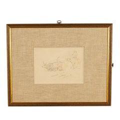 Two American Old Western Watercolor Painting Ink & Pencil Drawings Cowboy Horses