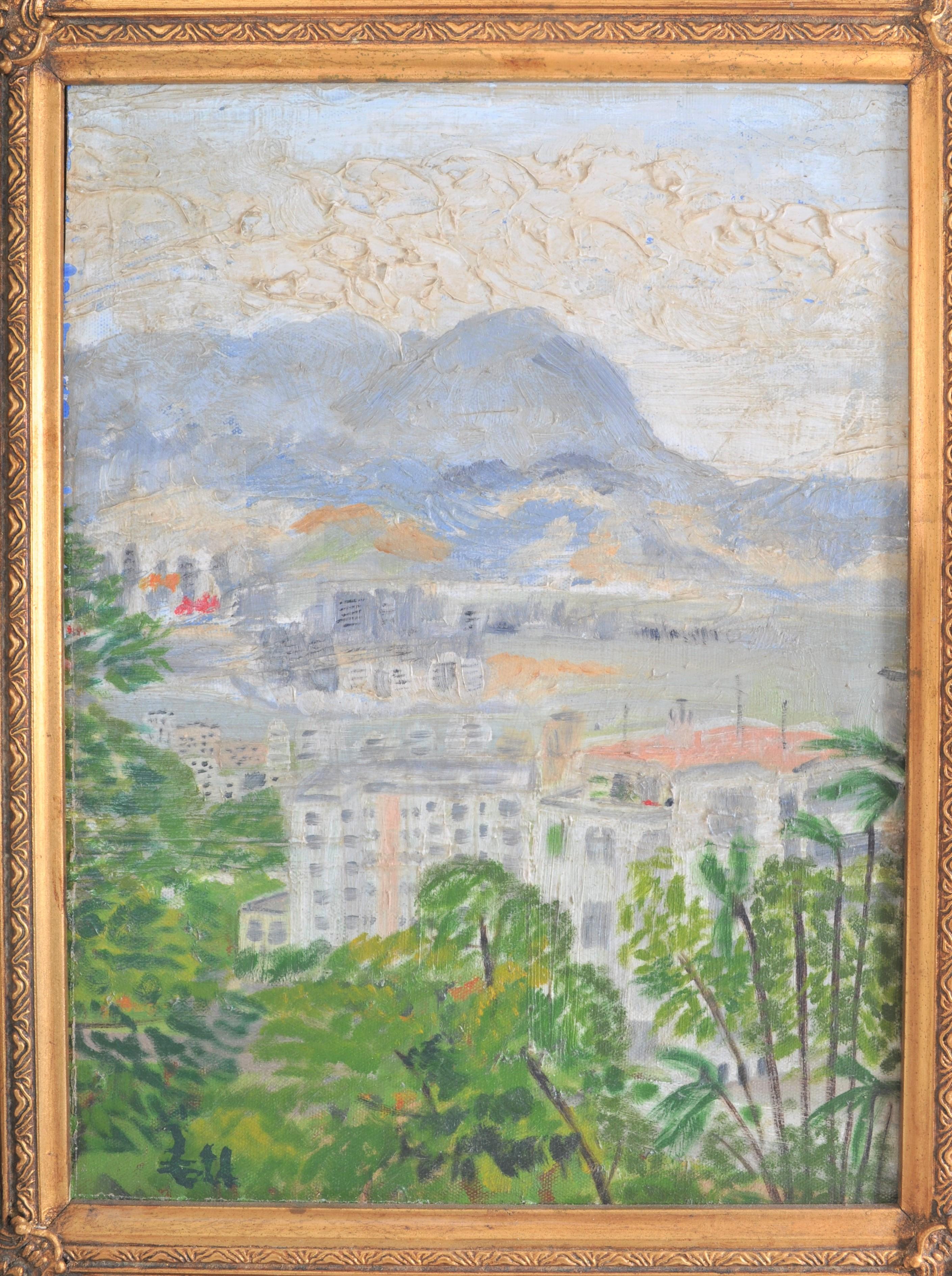 Peinture à l'huile impressionniste chinoise sur panneau - Paysage de Hong Kong - Hu Shanyu, années 1950 en vente 1