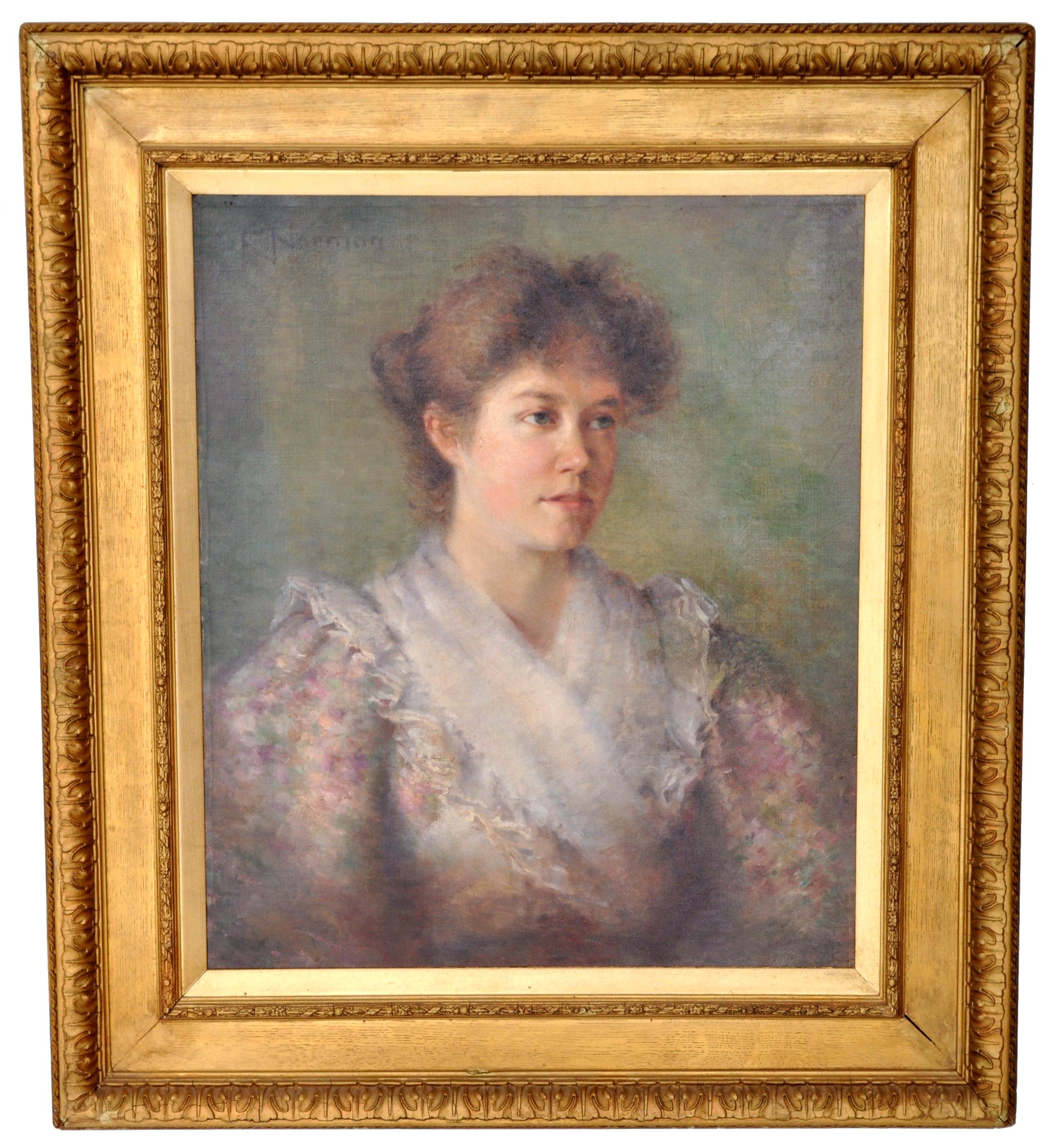 Antique Late 19th Century English Oil on Canvas Painting Female Portrait 1900