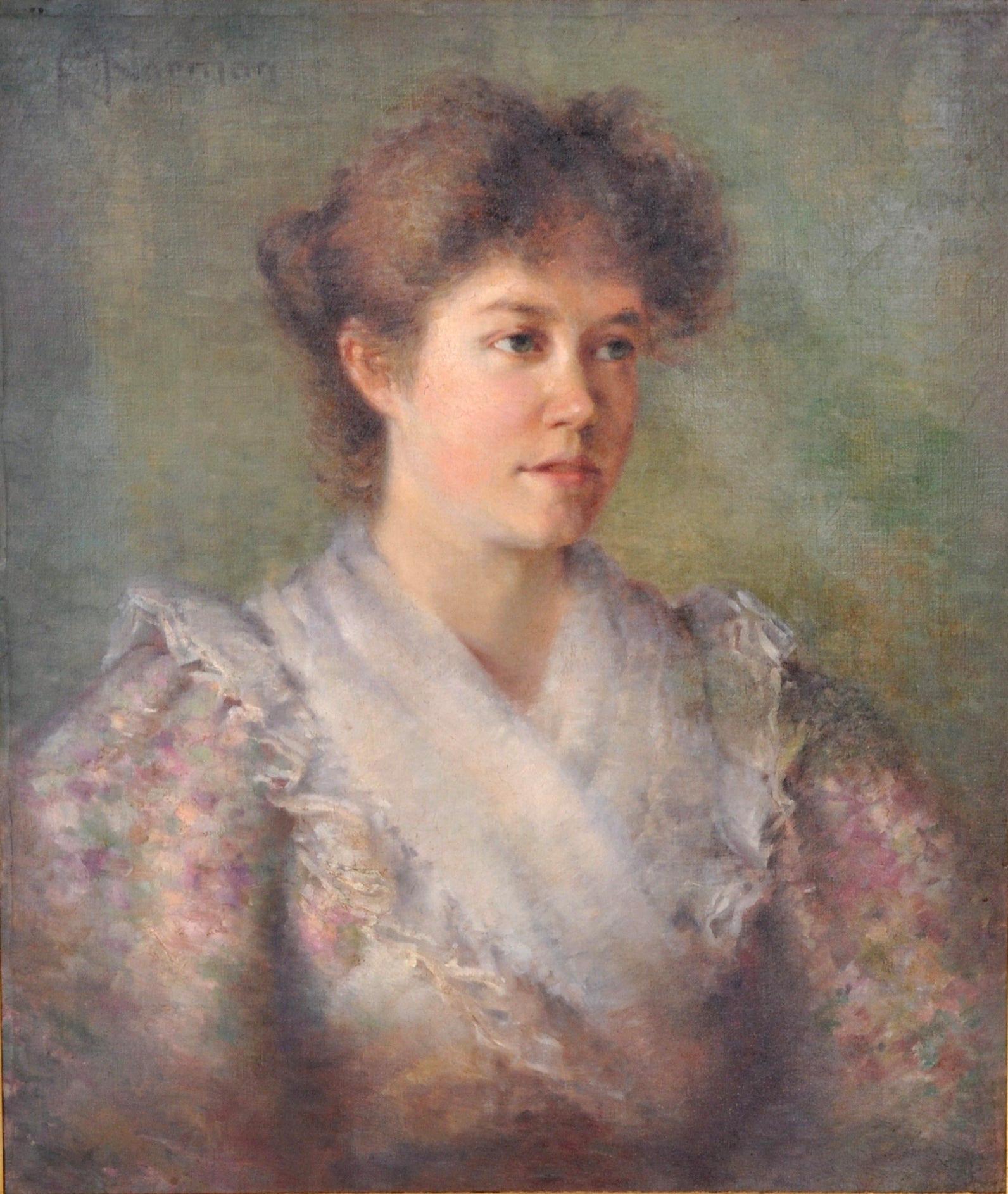 Ancienne huile sur toile anglaise de la fin du XIXe siècle représentant un portrait de femme, 1900 - École anglaise Painting par F. Norman