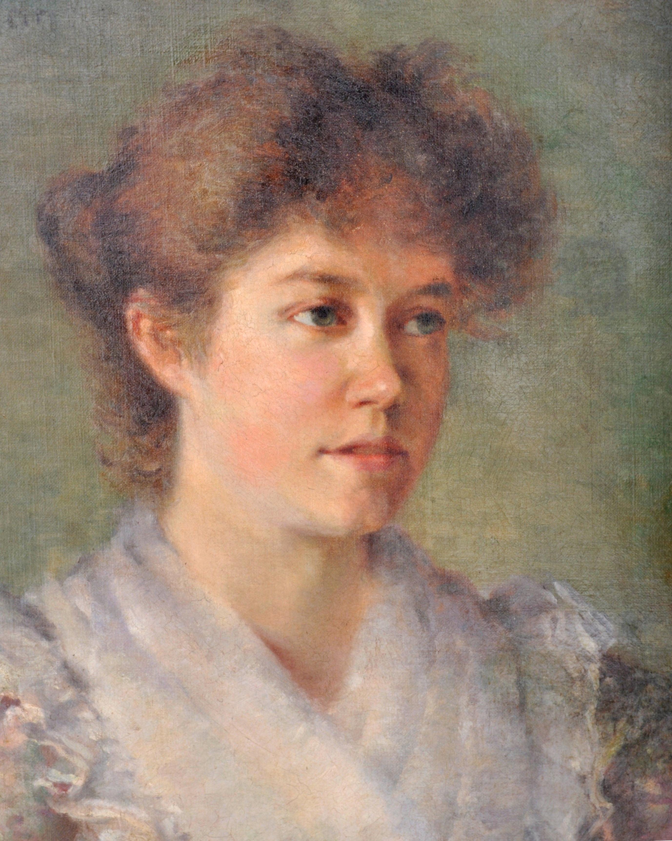 Ancienne huile sur toile anglaise de la fin du XIXe siècle représentant un portrait de femme, 1900 - Marron Portrait Painting par F. Norman