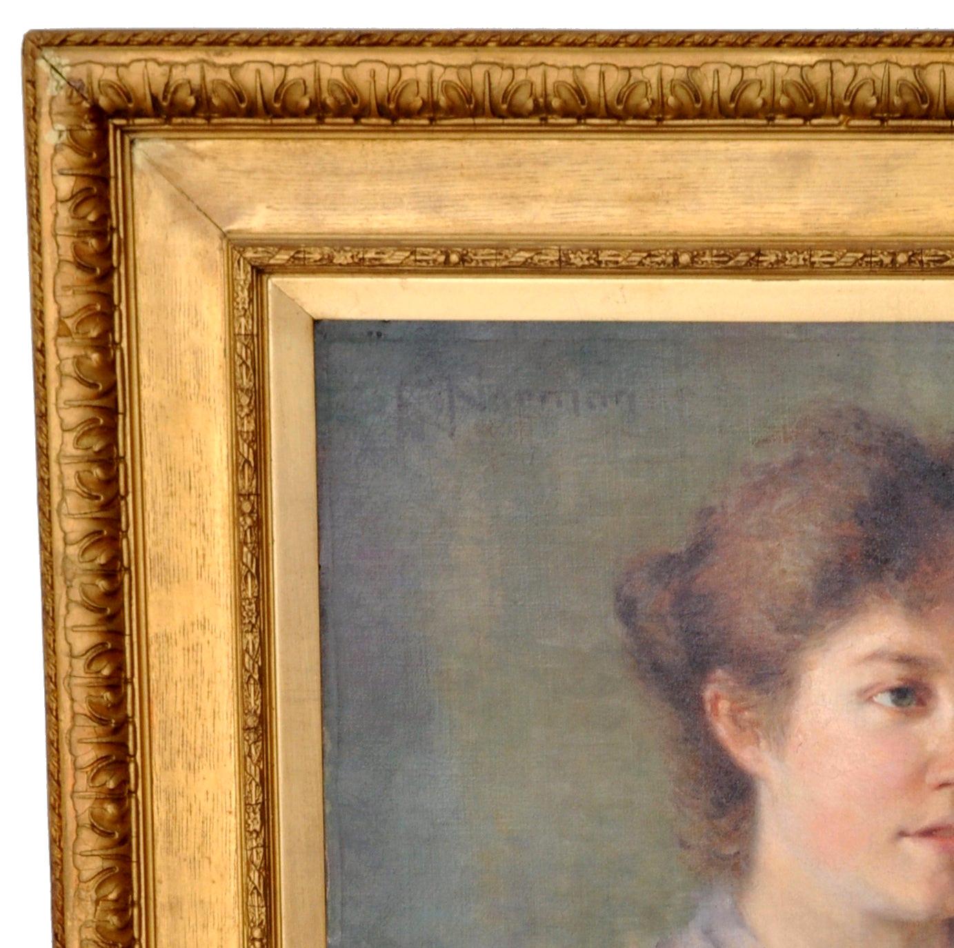 Antique English oil on canvas portrait painting, circa 1900. A very handsome Impressionist portrait of a youthful lady in Edwardian dress. Oil on canvas, signed to the upper left 