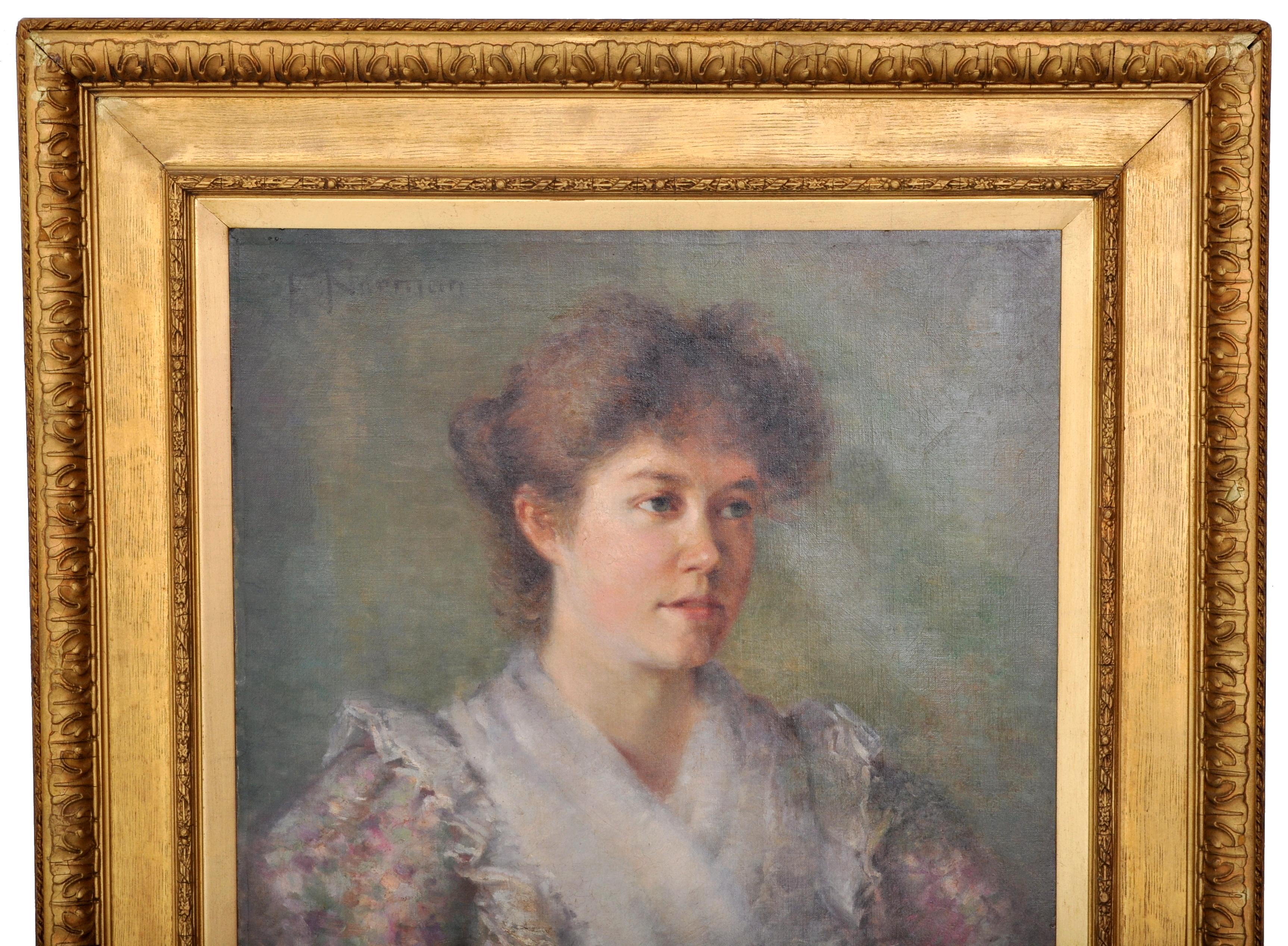 Ancienne huile sur toile anglaise de la fin du XIXe siècle représentant un portrait de femme, 1900 - Painting de F. Norman