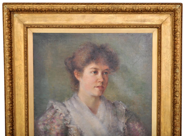 Antique Late 19th Century English Oil on Canvas Painting Female Portrait 1900 - Brown Portrait Painting by F. Norman