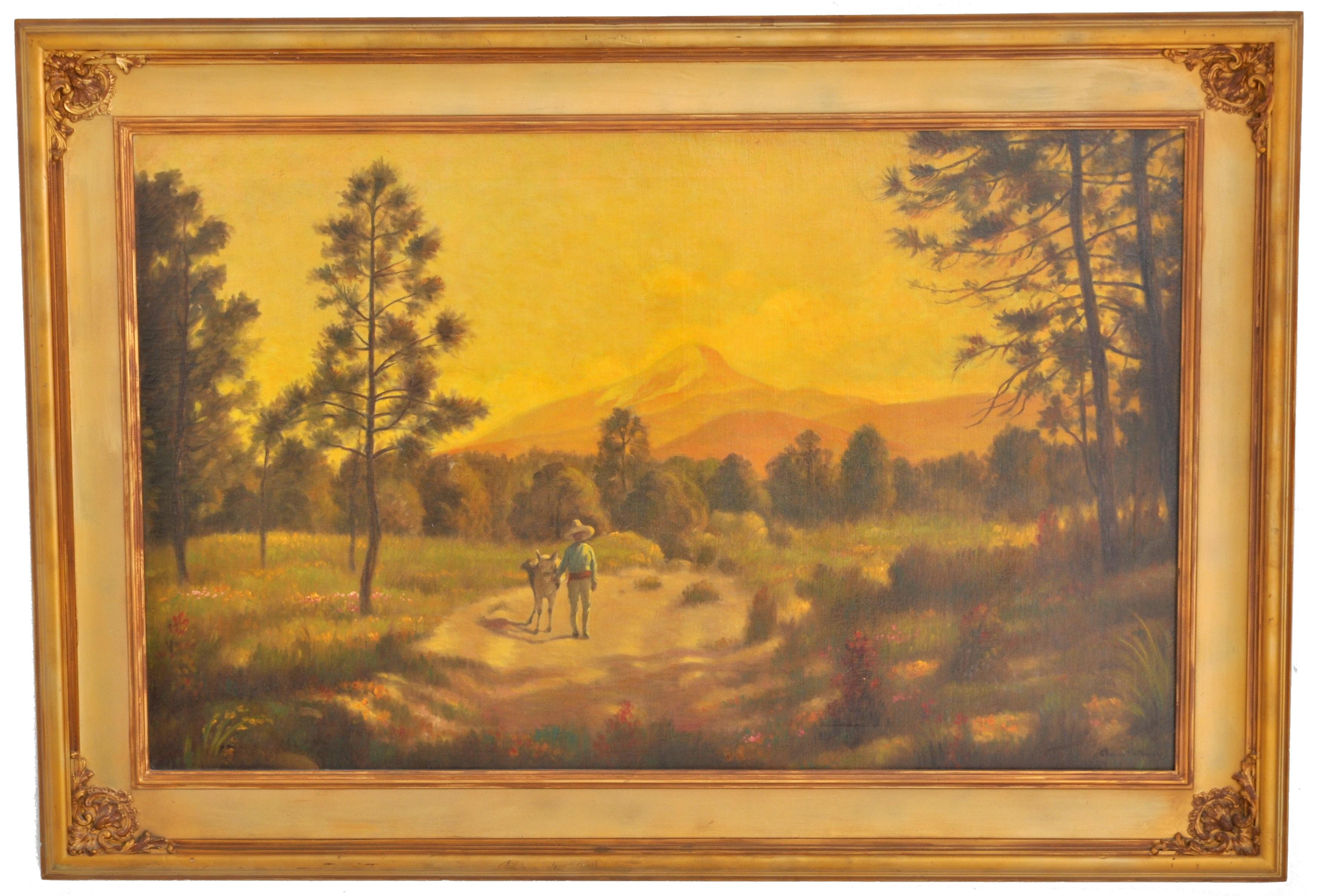 Huile américaine ancienne sur toile par Charles Holloway (américain, 1859-1941), vers 1915. La peinture représente une scène de paysage sud-américain, au premier plan un personnage masculin marchant sur un burro au coucher du soleil, la peinture de