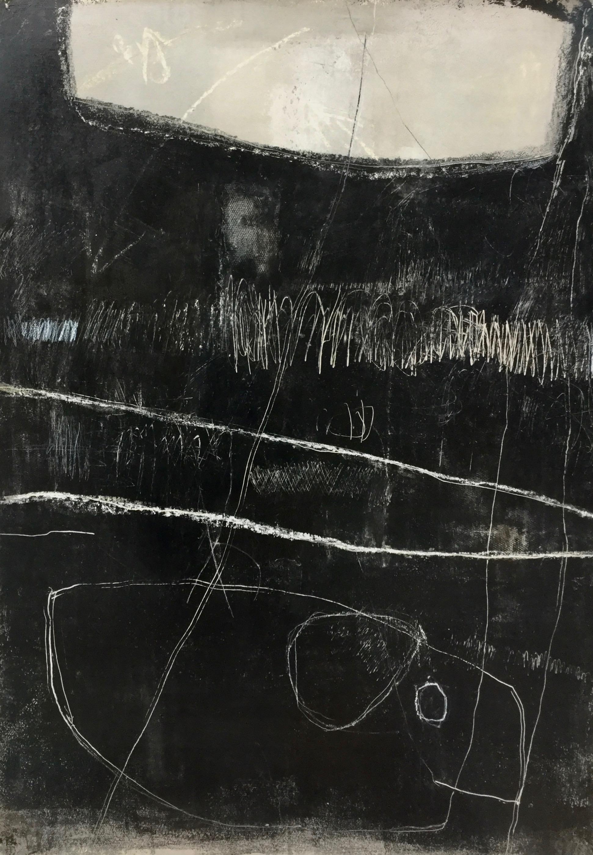 Jenny Lock Abstract Painting - Out of the Darkness - black abstract painting, dark s'graffiti, monochrome
