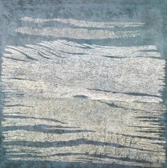 Deep Blue Shore, Pamela Burns. Linear abstract oil painting, Welsh harbour river