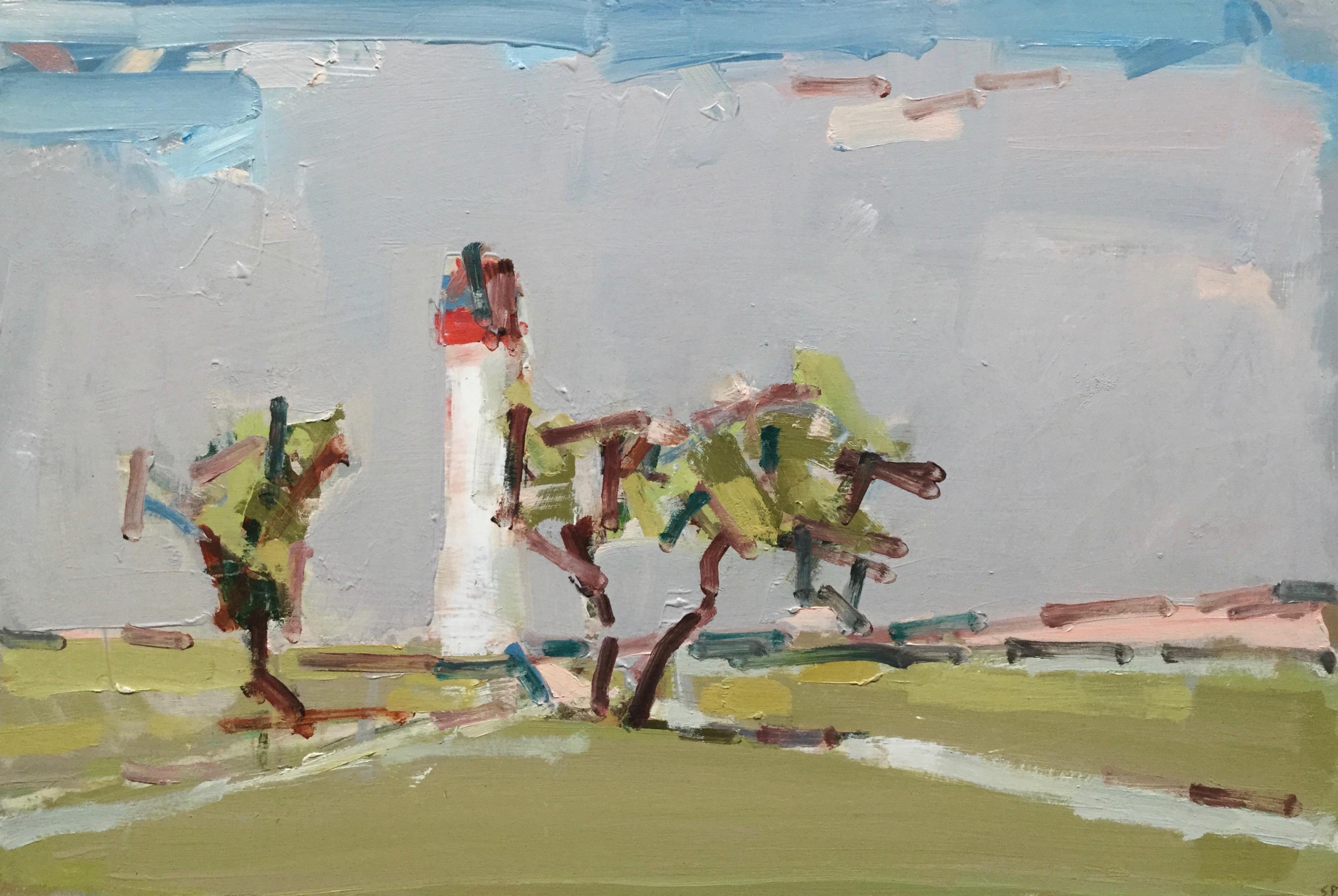 Lighthouse II, St-Martin-de-Ré - French coastal scene, green and grey - Painting by Stephen Palmer