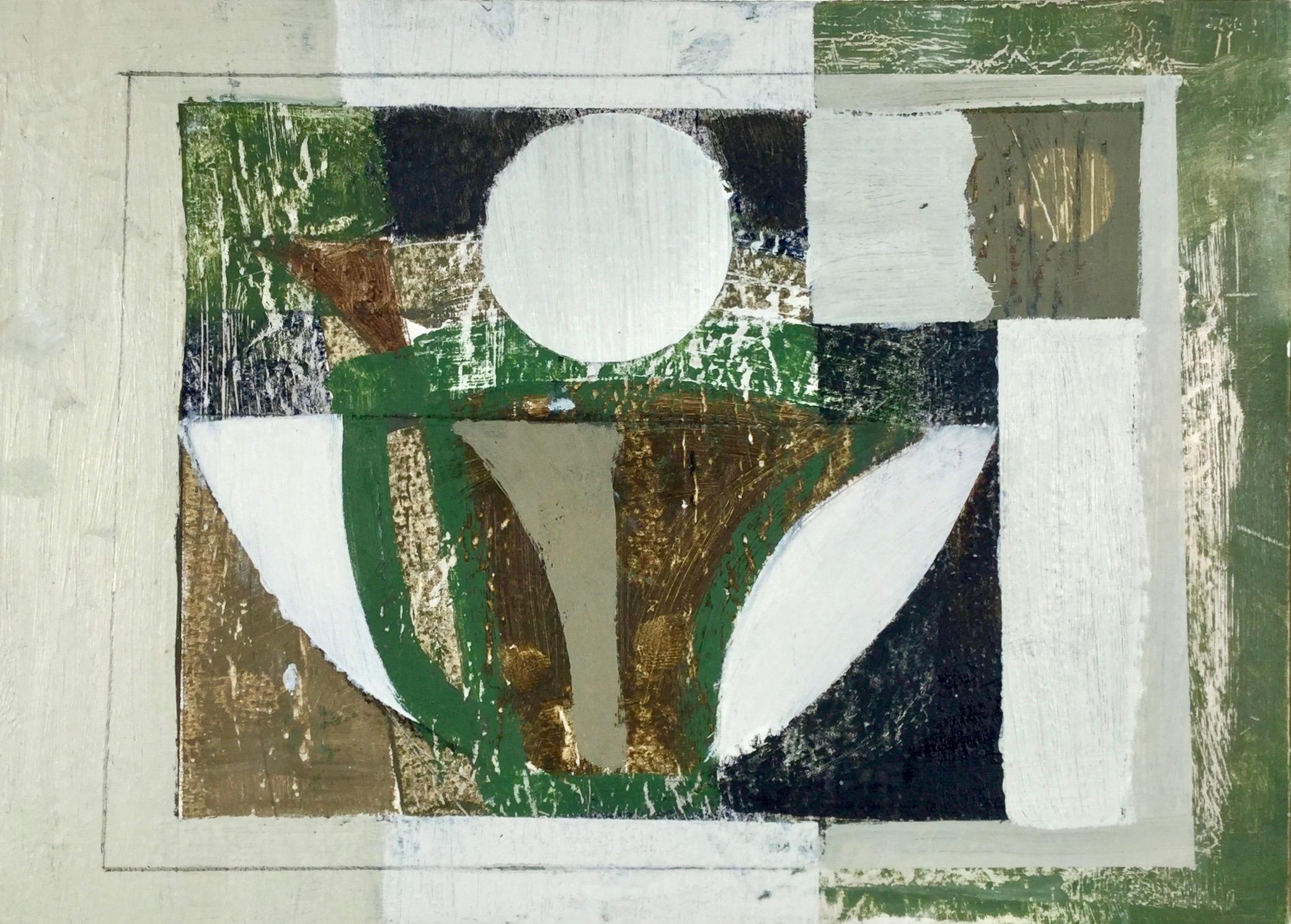 Daisy Cook, Bowl and Jug. Still life, green, geometric, abstract oil painting