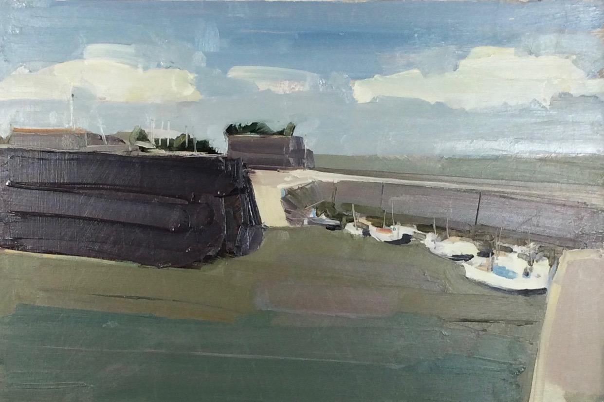 Stephen palmer Landscape Painting - Saint-Martin-de-Ré II, Stephen Palmer. Boats in French harbour, Île de Ré coast