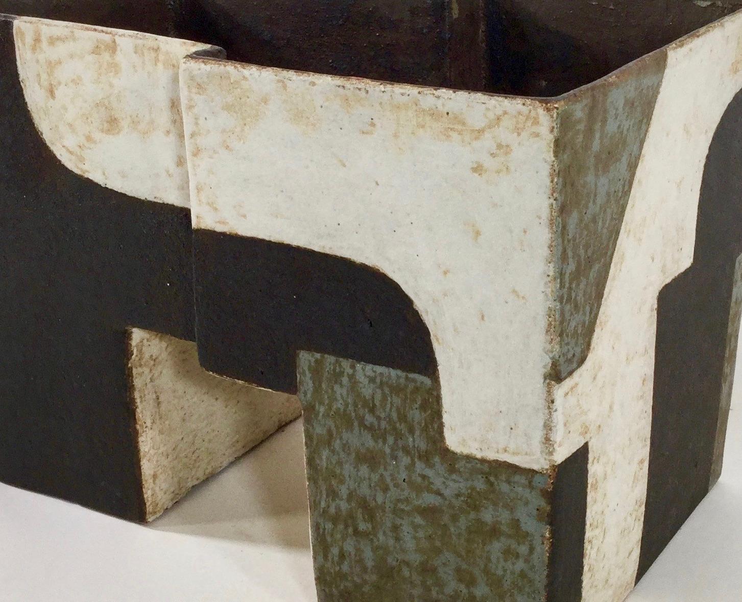 Paul Philp, Angular vessel with abstracts I. Stoneware ceramic, 'razzle dazzle' 1