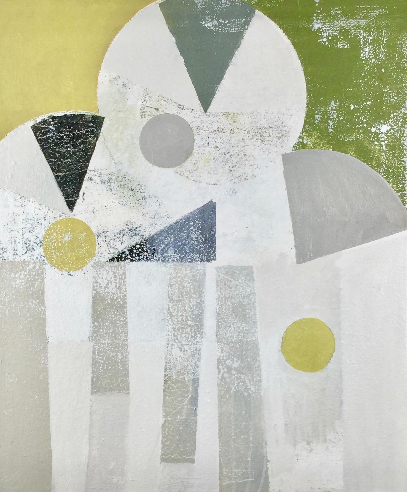 Autumn Tree - abstract oil painting with white, yellow, green, geometric - Painting by Daisy Cook