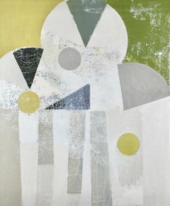 Autumn Tree - abstract oil painting with white, yellow, green, geometric
