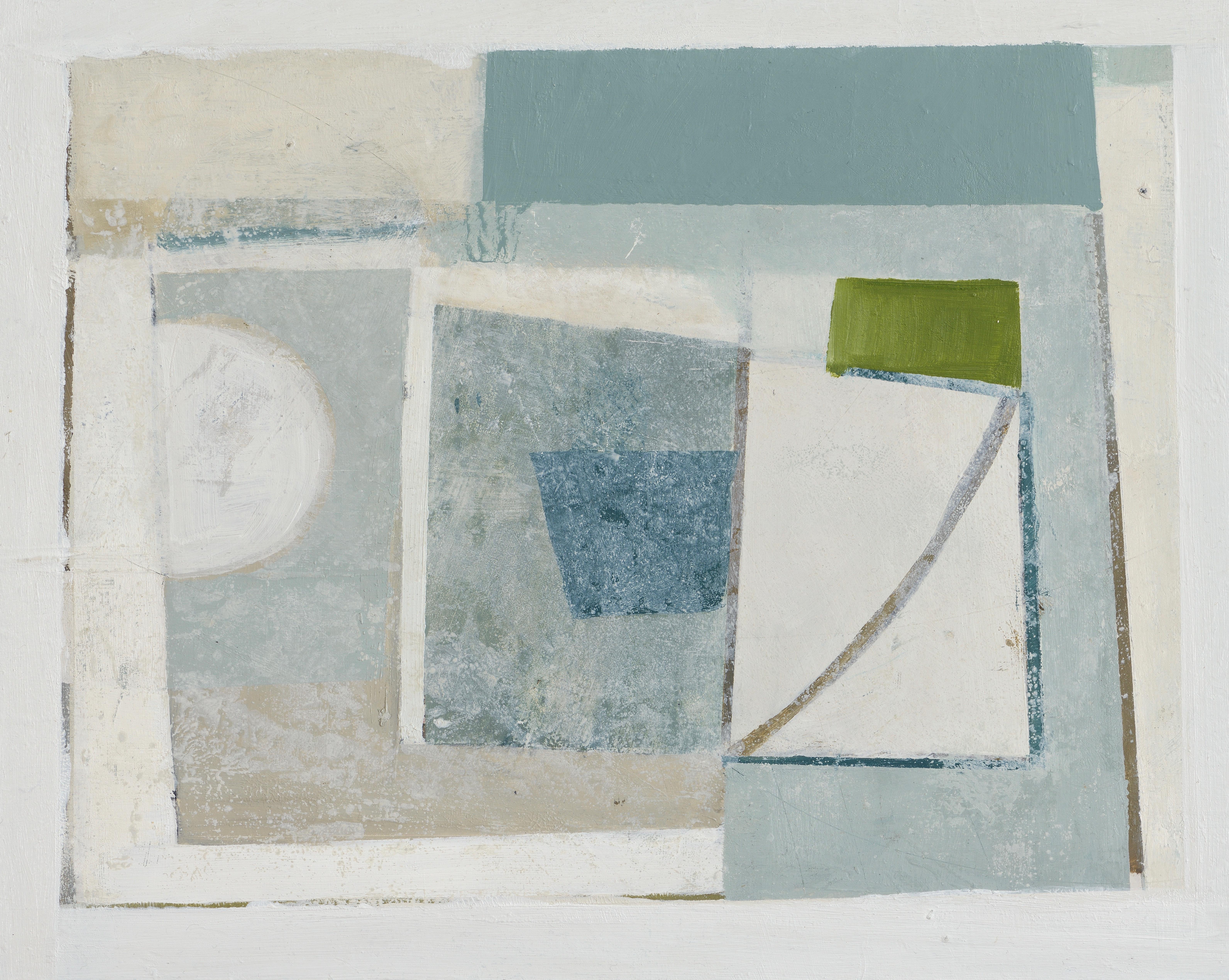 The Shape of Space I - abstract oil painting with grey, and blue, geometric - Painting by Daisy Cook