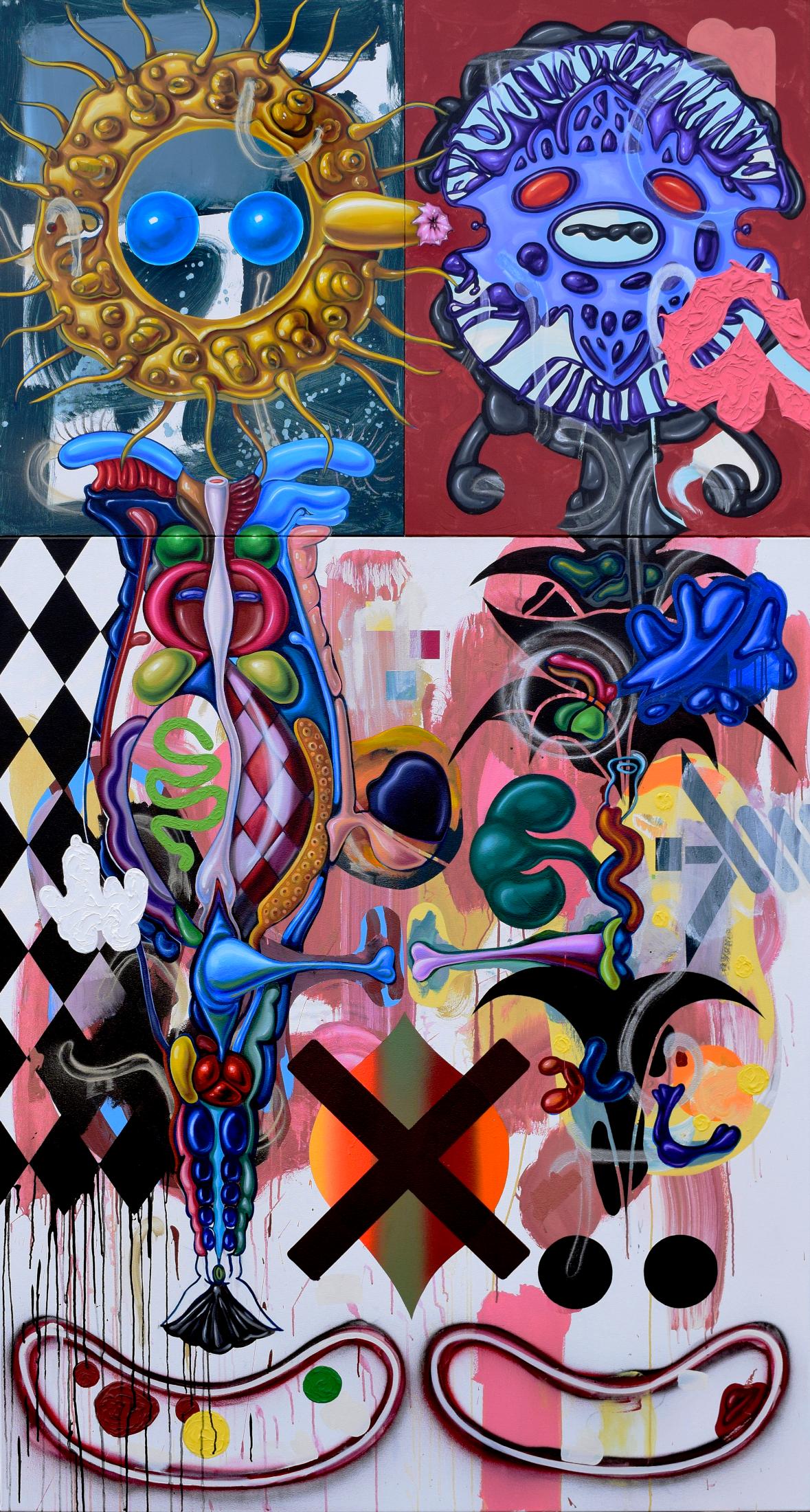 Bill Dambrova Abstract Painting – Zehn Zinnen, die an das Hühner halten, manchmal und manchmal an mich