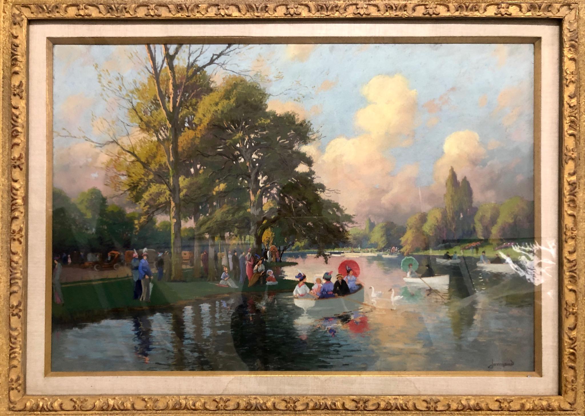 Mathurin Janssaud Landscape Art - Le Lac au bois de Boulogne, Belle Epoque, 19th Century Pastel