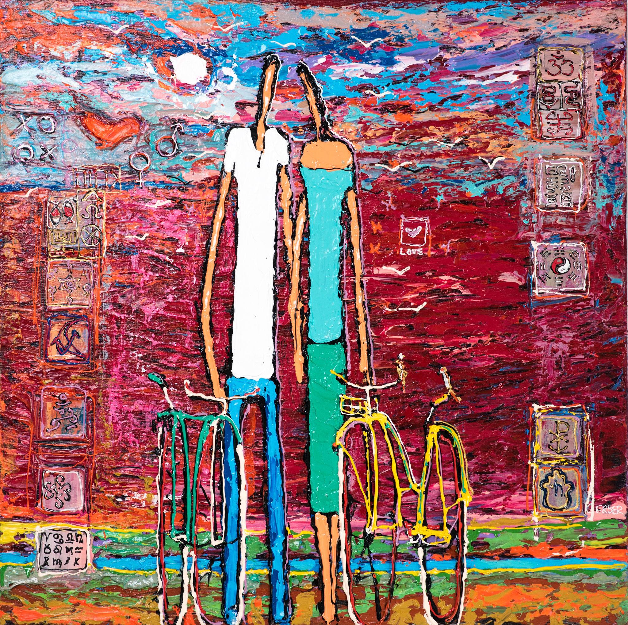 Alek Gerber, Couple with a bicycle, tenderness, Acrylic on canvas, Valentines