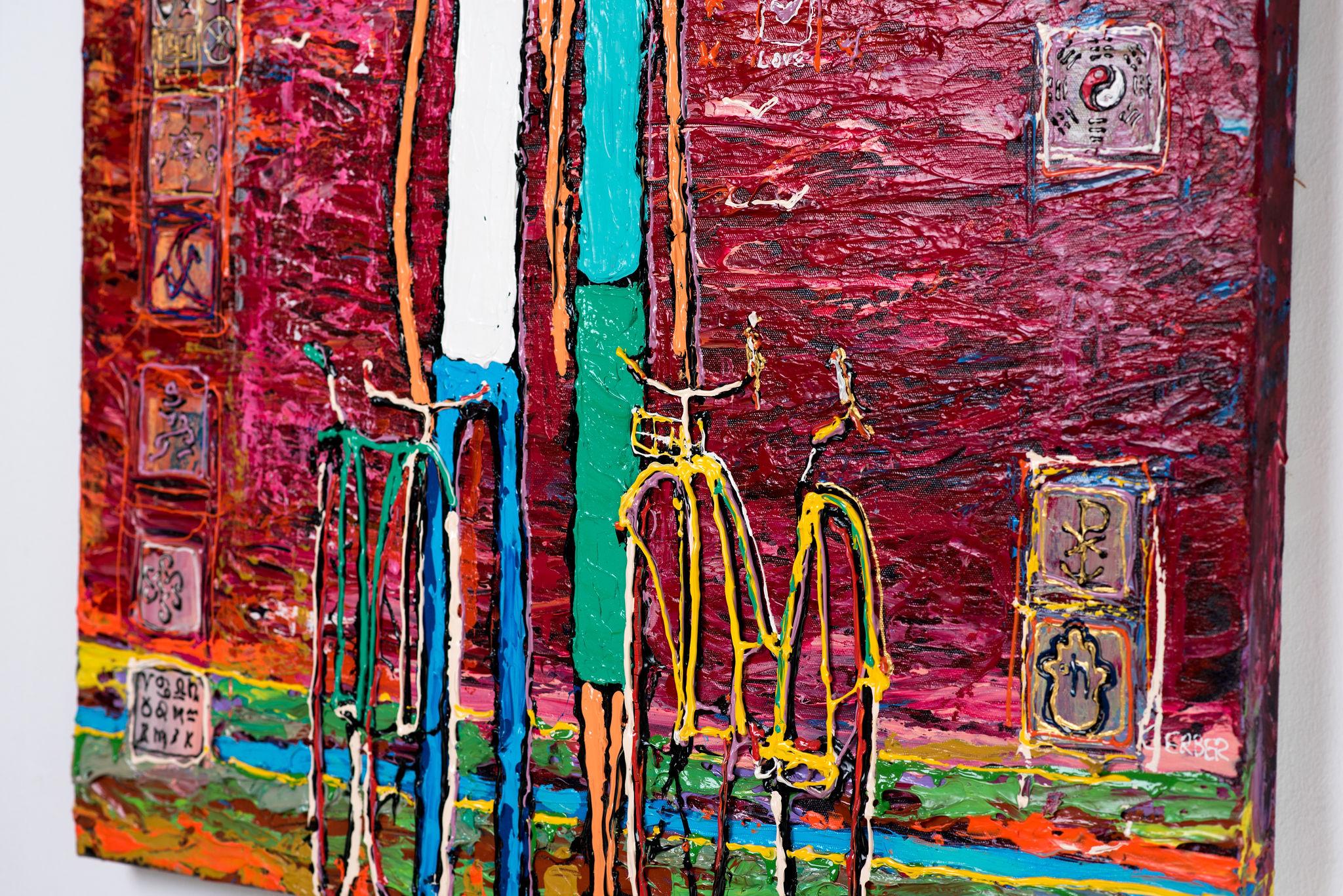 Alek Gerber, Couple with a bicycle, acrylic on canvas, thick layers of paint, figurative work,Tenderness,  Israeli artist, Israeli art, bright colors