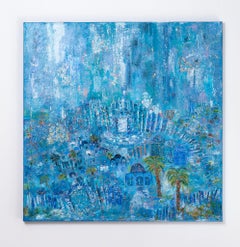 Orli Ziv, Jerusalem, Blue atmosphere, Mystical city, pigment and oil on canvas