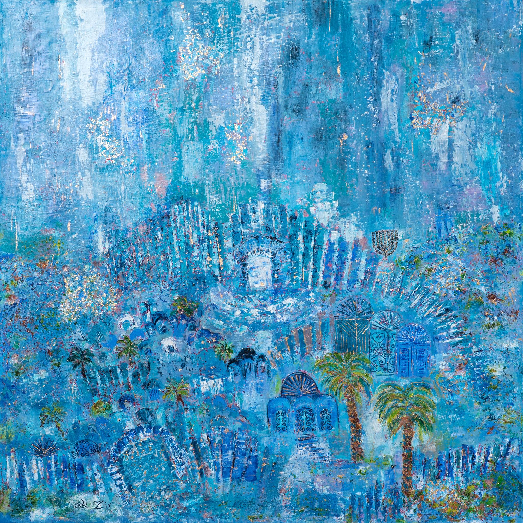 Orli Ziv, Jerusalem, Blue atmosphere, oil on canvas, Jerusalem landscape, expressionist, Israeli artist, Israeli art
