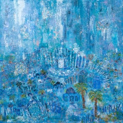 Orli Ziv, Jérusalem, atmosphère bleue, ville mystique, pigment et huile sur toile