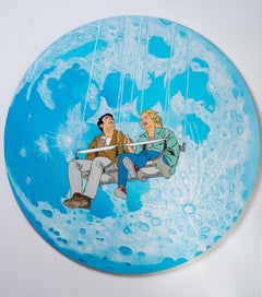 Shmu, Flying to the moon, sur une toile oscillante en acrylique et techniques mixtes 