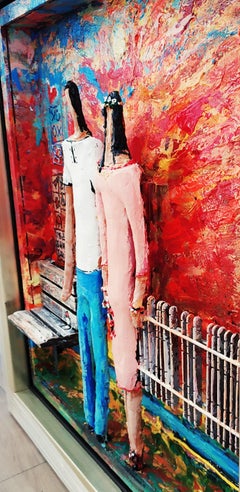 Alek Gerber, Couple with Flowers, coffer work, Acrylic on wood, Valentines