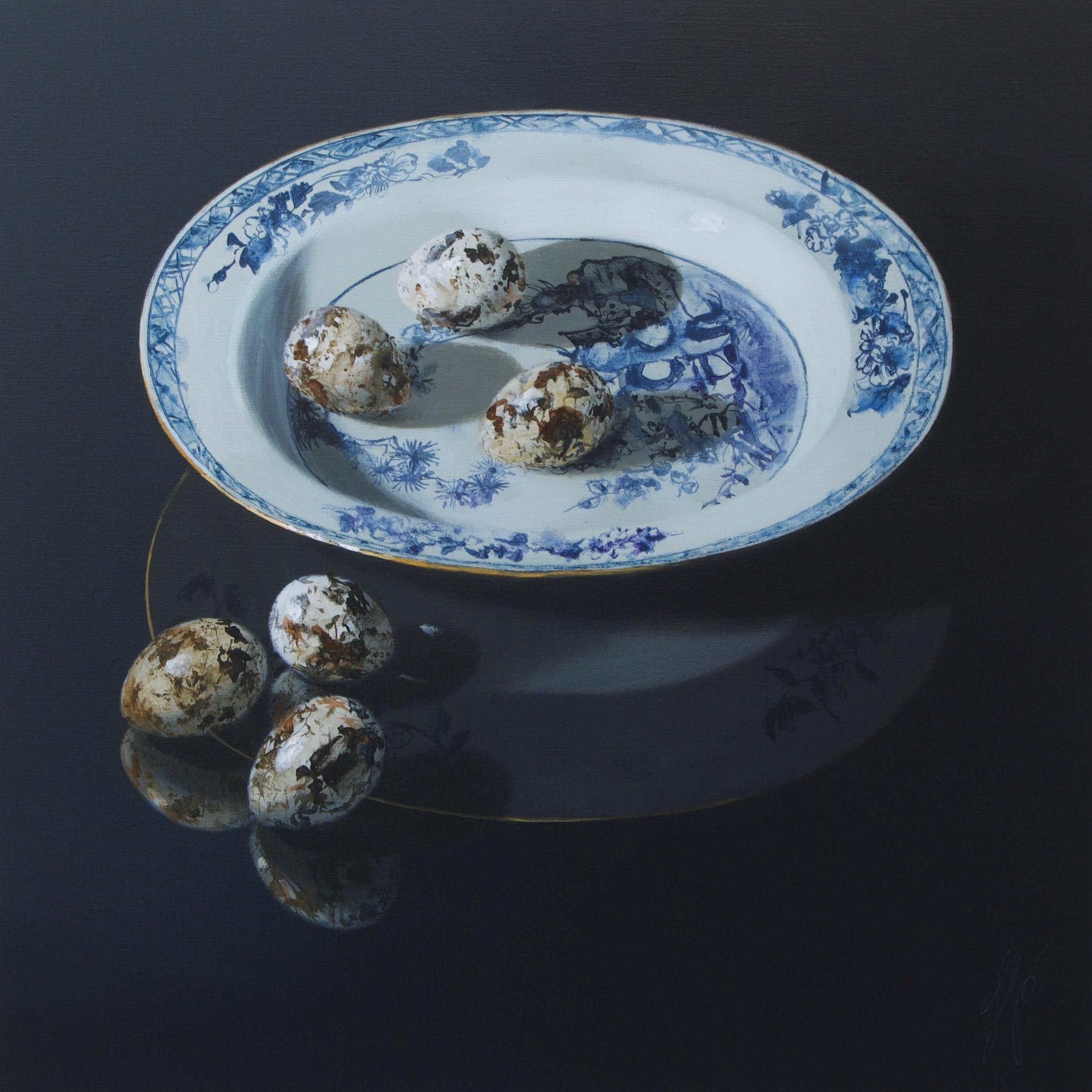 Sasja Wagenaar Figurative Painting - "Quail eggs on Chinese porcelain plate" Contemporary Dutch Still-Life Painting