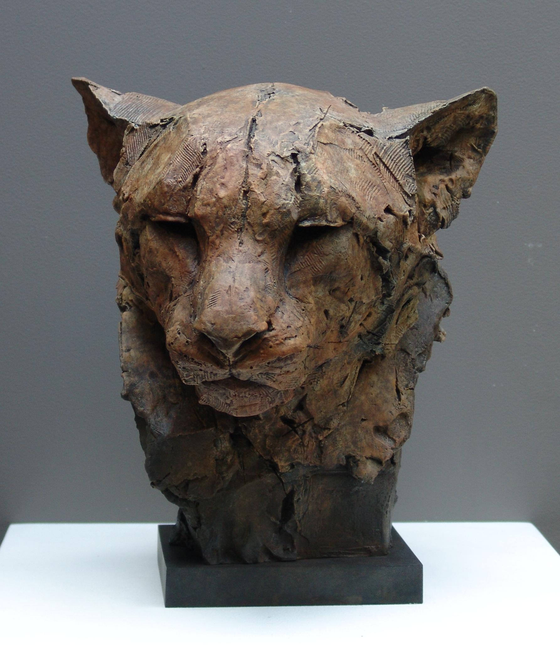 Nichola Theakston Figurative Sculpture - ''Felid'', Contemporary Bronze Sculpture Portrait of a Brown Feline 