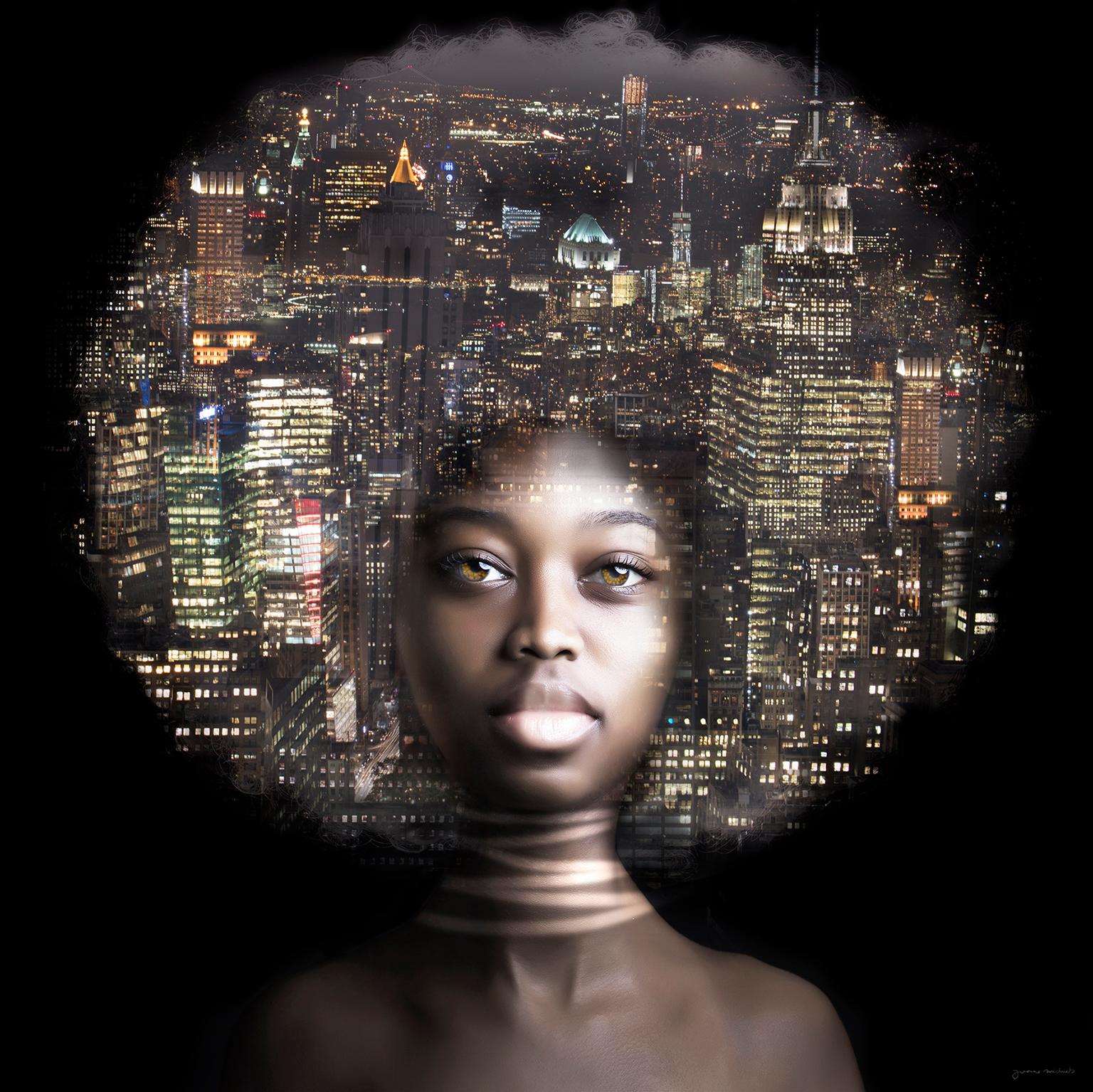 Yvonne Michiels Portrait Photograph - ''New York by Night'', Portrait of Girl and New York City