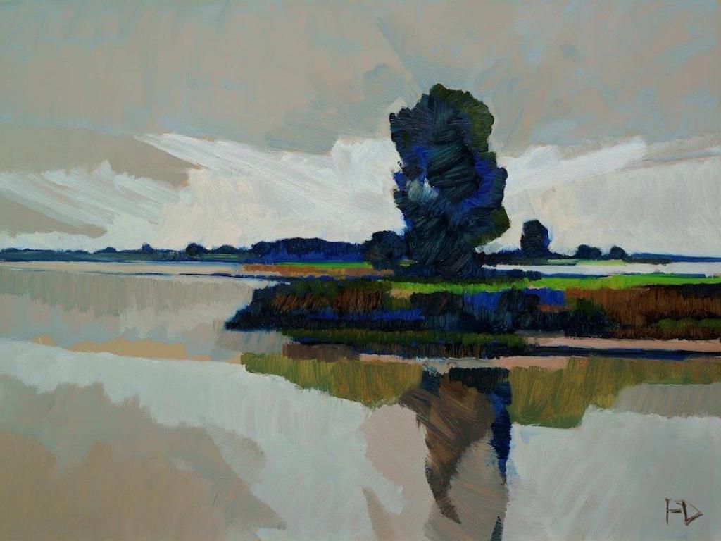 Landscape Painting di Frank Dekkers - ''Mattina d'estate nell'Orda'', pittura paesaggistica olandese contemporanea