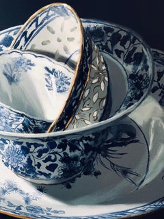 "Chinese porcelain stacking of bowls and plates on dark" Still-Life Painting
