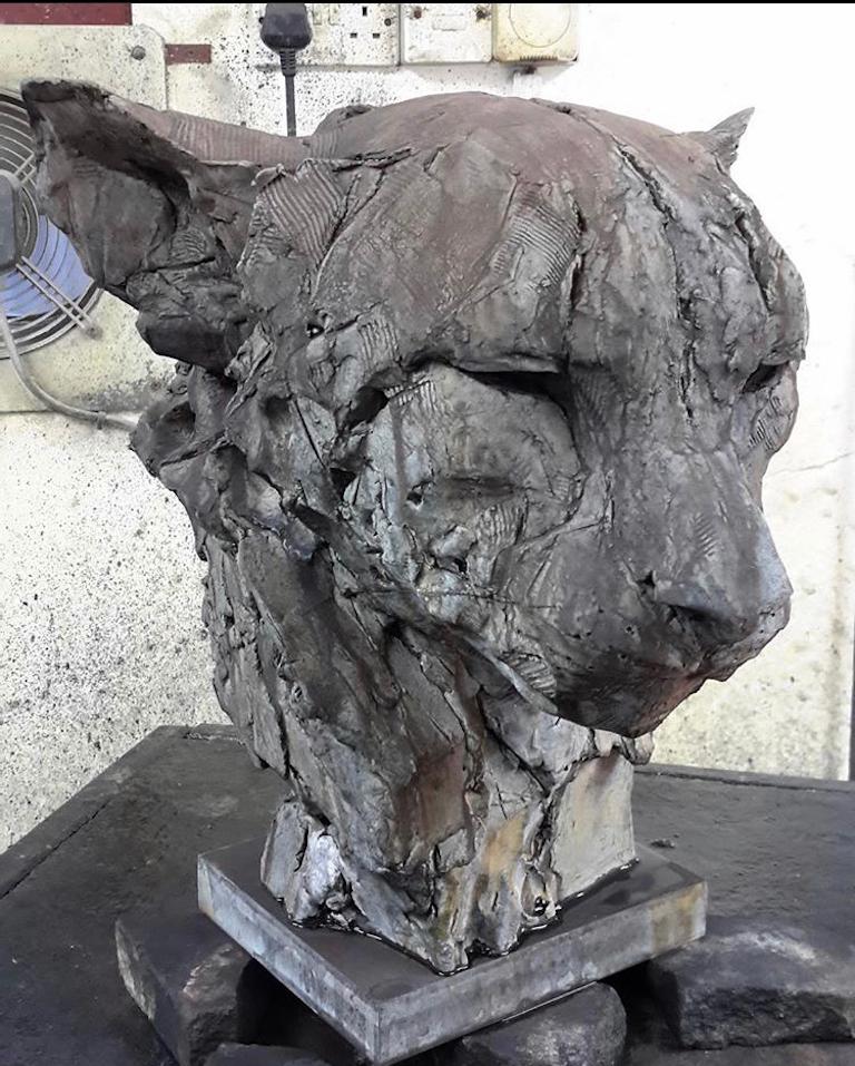 ''Felid'', Contemporary Bronze Sculpture Portrait of a Brown Feline  1