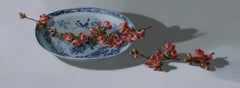 "Pink quince blossom on blue Chinese porcelain plate" Dutch Still-Life Painting