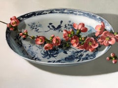 "Pink quince blossom on blue Chinese porcelain plate" Dutch Still-Life Painting