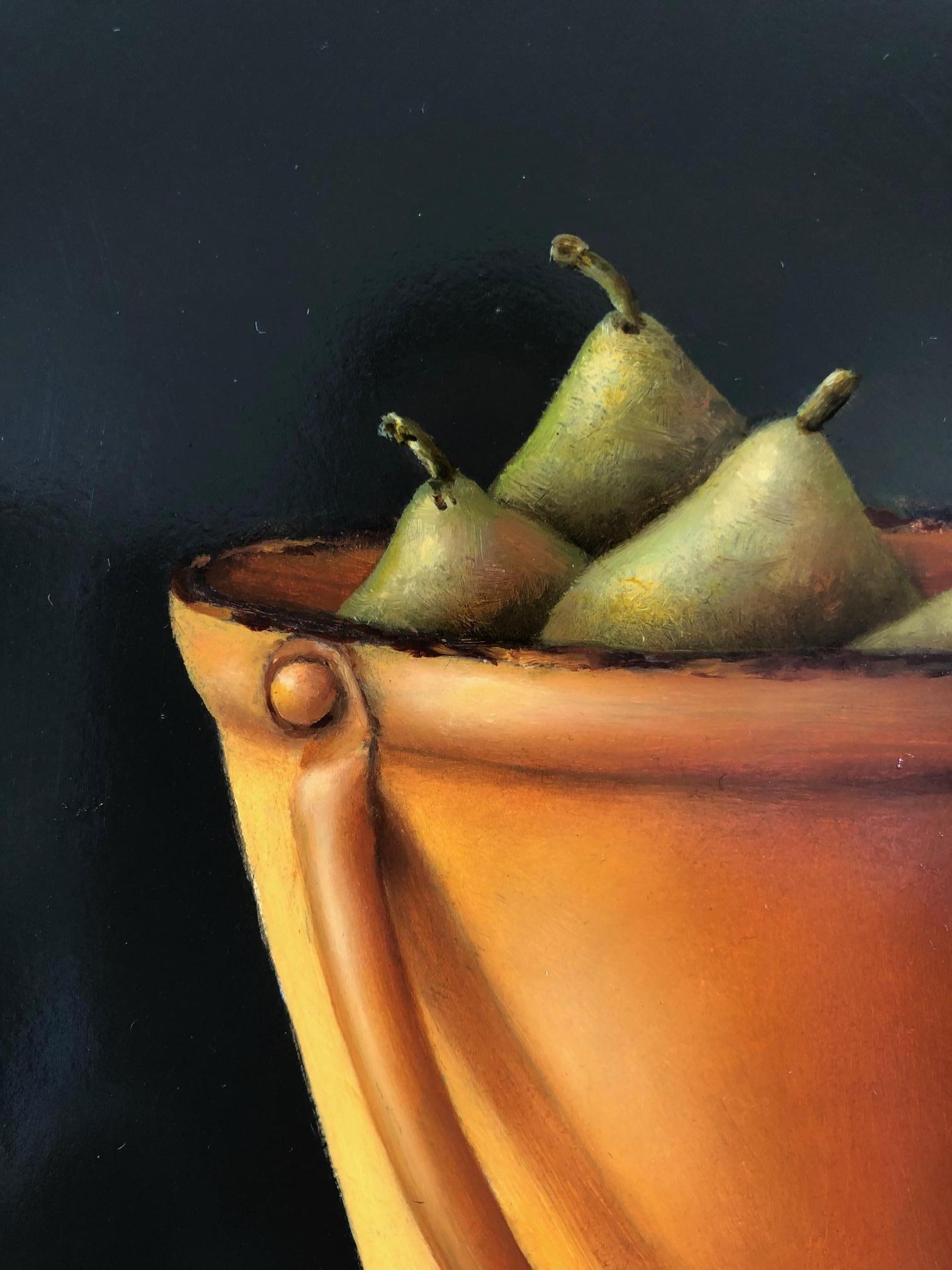 « Poires dans un seau jaune » - Peinture à l'huile réaliste néerlandaise - Nature morte avec poires - Painting de René Smoorenburg