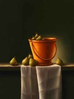 « Poires dans un seau jaune » - Peinture à l'huile réaliste néerlandaise - Nature morte avec poires