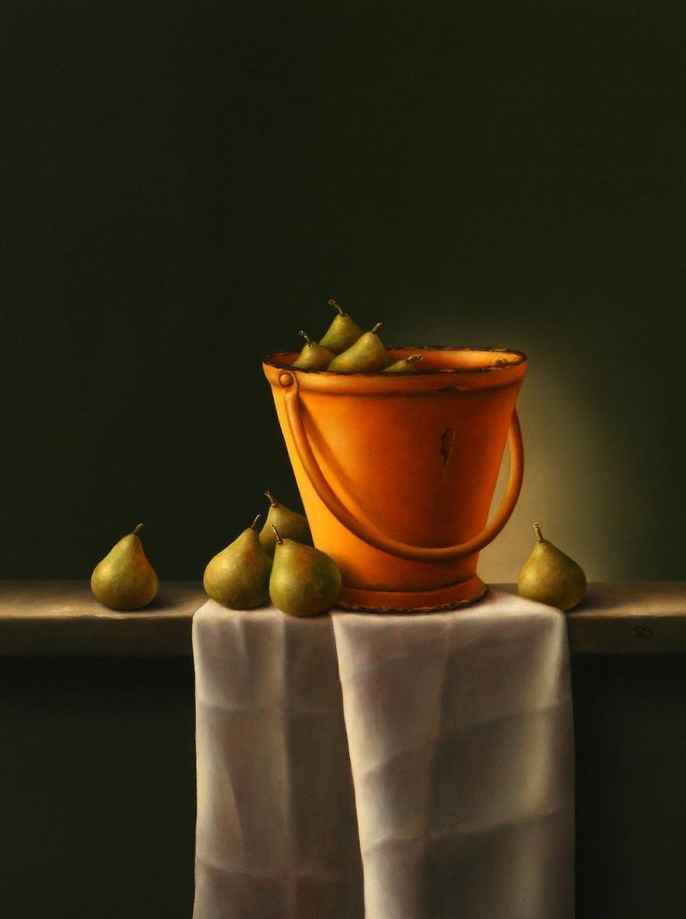 René Smoorenburg Figurative Painting - "Pears in a yellow bucket" Dutch Fine Realist Oil Painting Still-Life