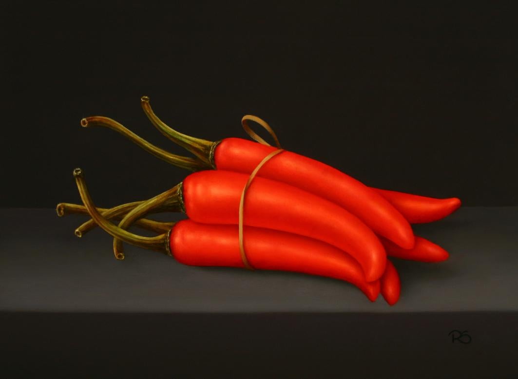 René Smoorenburg Figurative Painting - "Red chili peppers" Contemporary Dutch Fine Realist Oil Painting of Still-Life 
