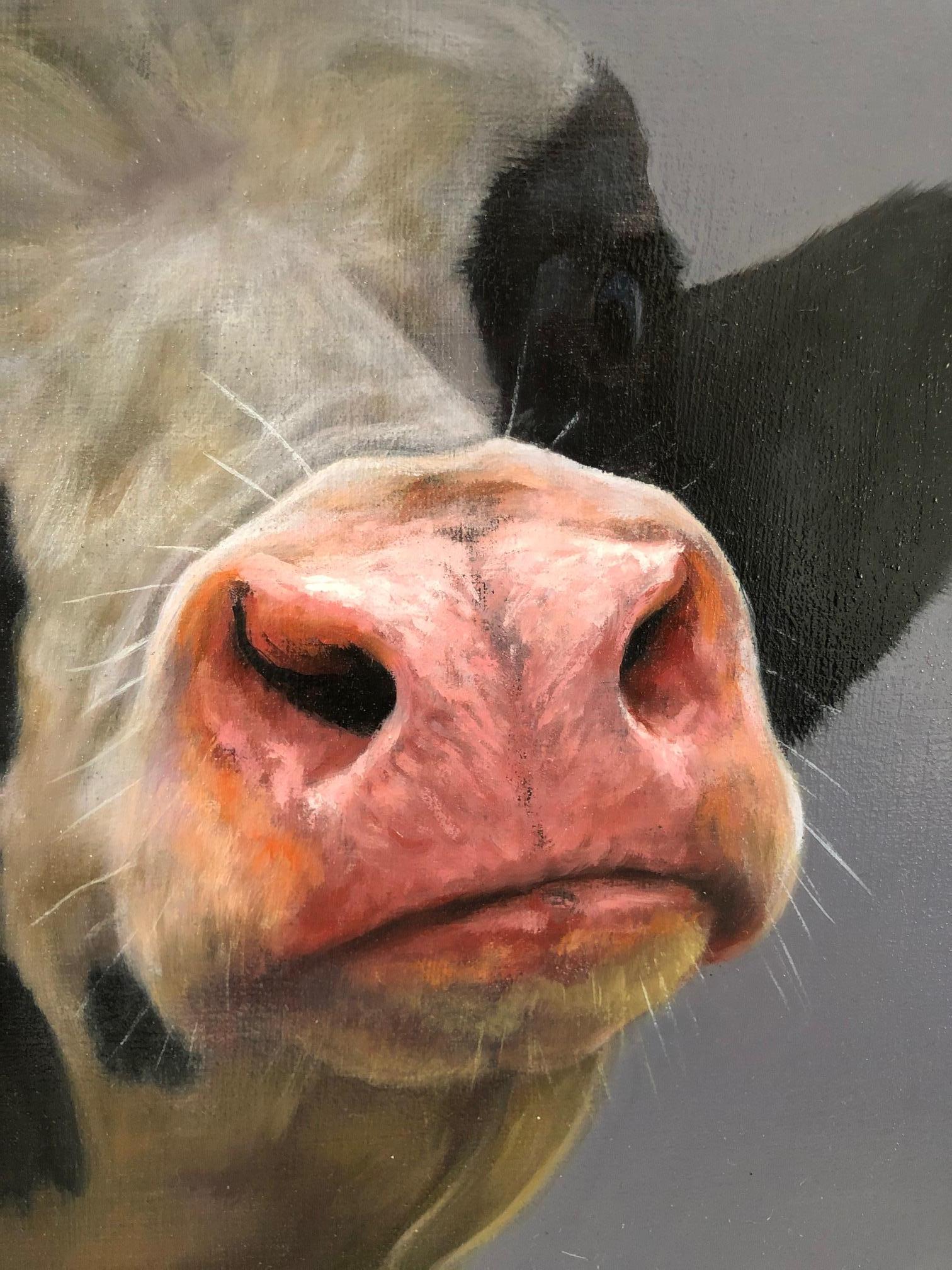 « Portrait de vache de Calf » - Peinture à l'huile contemporaine néerlandaise d'une vache en noir et blanc - Painting de Paul Jansen